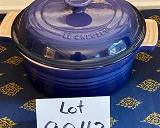 Lot 9042. $125.00. LeCreuset 10.34  Never Used Stoneware Baker with Lid in Lapis Blue.  Base 3.5" T x 8" diameter. The.Best.Cookware.In.The.World.  ;-))