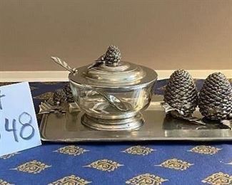 Lot 9048. $45.00. Williams-Sonoma Pewter Jam or Sugar Jar, and Salt & Pepper Shakers, with Tray.  Tray 11.5" L x 6.5" w, Jam or Sugar 4.5" d x 25" T, S& P shakers 2.75" T