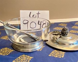 Lot 9048. $45.00. Williams-Sonoma Pewter Jam or Sugar Jar, and Salt & Pepper Shakers, with Tray.  Tray 11.5" L x 6.5" w, Jam or Sugar 4.5" d x 25" T, S& P shakers 2.75" T
