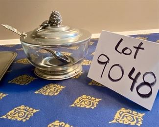 Lot 9048. $45.00. Williams-Sonoma Pewter Jam or Sugar Jar, and Salt & Pepper Shakers, with Tray.  Tray 11.5" L x 6.5" w, Jam or Sugar 4.5" d x 25" T, S& P shakers 2.75" T