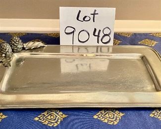 Lot 9048. $45.00. Williams-Sonoma Pewter Jam or Sugar Jar, and Salt & Pepper Shakers shaped like pine cones with holly on them, same with the Tray.  Tray measures 11.5" L x 6.5" w, Jam or Sugar bowl. 4.5" d x 25" T, S& P shakers 2.75" T