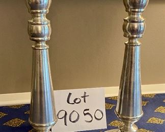 Lot 9050. $70.00. for Pair of Williams-Sonoma antique looking silver candlesticks for tapers.  11" tall, base 4"w. The candlesticks look like they are ready to tell you a story!  