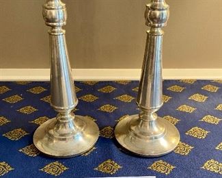 Lot 9050. $70.00. for Pair of Williams-Sonoma antique looking silver candlesticks for tapers.  11" tall, base 4"w. The candlesticks look like they are ready to tell you a story!  