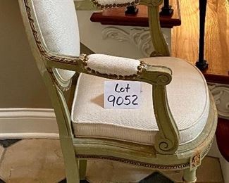 Lot 9052. $125.00. Vintage Side Chair upholstered in a cream color fabric and green wood trim.  Neat Chair, 38" back height x 21.5" Wide x 18" deep