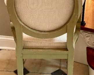 Lot 9052. $125.00. Vintage Side Chair upholstered in a cream color fabric and green wood trim.  Neat Chair, 38" back height x 21.5" Wide x 18" deep