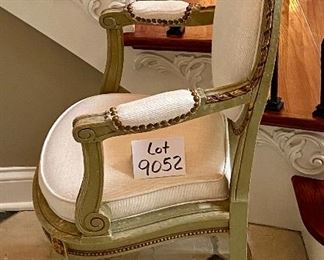 Lot 9052. $125.00. Vintage Side Chair upholstered in a cream color fabric and green wood trim.  Neat Chair, 38" back height x 21.5" Wide x 18" deep
