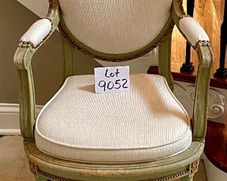Lot 9052. $125.00. Vintage Side Chair upholstered in a cream color fabric and green wood trim.  Neat Chair, 38" back height x 21.5" Wide x 18" deep