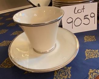 Lot 9059. $285.00. Lenox Service for 12 "Solitaire" Pattern, with 12 of each dinner plates, salad plates, dessert plates, cups, saucers and one oval veggie dish total of 61 pieces - a gorgeous set - Let your family know they are worth it and set a beautiful table for Thanksgiving!!