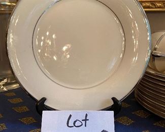 Lot 9059. $285.00. Lenox Service for 12 "Solitaire" Pattern, with 12 of each dinner plates, salad plates, dessert plates, cups, saucers and one oval veggie dish total of 61 pieces - a gorgeous set - Let your family know they are worth it and set a beautiful table for Thanksgiving!!