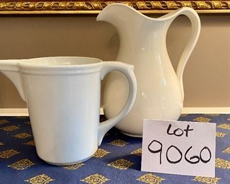 Lot 9060. $42.00. for 2 Williams-Sonoma White Pitchers -larger measures 9.5"t,x7.5" w and smaller is 6"t x 8.5" w.  These would even look beautiful holding a bouquet of daisies or other posies!!  