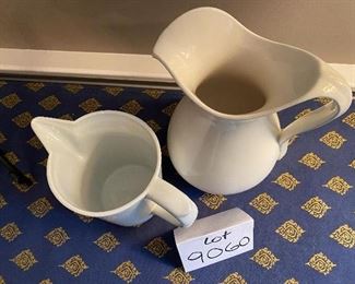 Lot 9060. $42.00. for 2 Williams-Sonoma White Pitchers -larger measures 9.5"t,x7.5" w and smaller is 6"t x 8.5" w.  These would even look beautiful holding a bouquet of daisies or other posies!!  