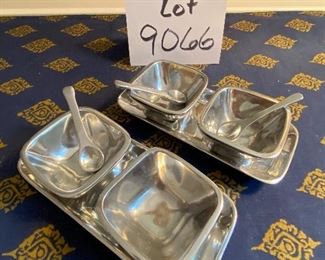 Lot 9066. $14.00 Pottery Barn Salt & Pepper bowls w/trays (missing one tiny spoon)
