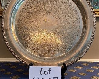 Lot 9067. $15.00. Silverplate tray, 15" diameter, monogrammed, needs polish
