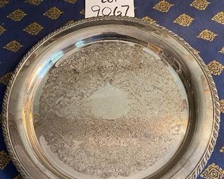 Lot 9067. $15.00. Silverplate tray, 15" diameter, monogrammed, needs polish
