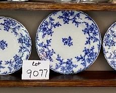 Lot 9077. $130.00.  Antique Minton Anenome Flow Blue Pattern, Manufactured and hand-Painted in England, white with the floral pattern.  Four 9" plates and one 10" plate.