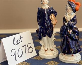 Lot 9078. $30.00. Victorian Hand -Painted Man & Woman Figurines in Coblt Blue Clothing and Gold accents. 7" tall