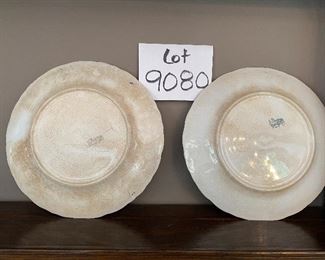 Lot 9080 $20.00. Two  Antique La Fracaise hand-painted with floral and gold accents, 8" d.  Oooh la la - beautiful!