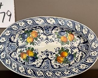 Lot 9079. $25.00. for the Pair of DeRuta-Style Oval plates - Blue design with fruit pattern, with hanger.  11" x7"w.  These plates look marvelous hung on a wall in a kitchen or dining room and we love the colors!