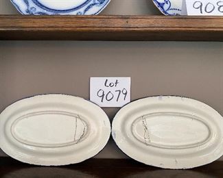 Lot 9079. $25.00. for the Pair of DeRuta-Style Oval plates - Blue design with fruit pattern, with hanger.  11" x7"w.  These plates look marvelous hung on a wall in a kitchen or dining room and we love the colors!