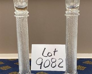 Lot 9082  $18.00 for the  Pair of Contemporary Taper Candlestick holders, no branding, twisted design on stem 9" tall.  