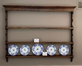 Lot 9085. $150.00. Antique Wooden Wall Display Shelf - 3 shelves open with plate grooves on the rear of the shelves.  58"w x 48"T.  Plates are shown on another lot.
