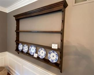 Lot 9085. $150.00. Antique Wooden Wall Display Shelf - 3 shelves open with plate grooves on the rear of the shelves.  58"w x 48"T.  Plates are shown on another lot.