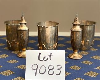 Lot 9083. $48.00.  Ambassador Rogers Brothers Silverplate S&P Shakers 6.25" tall, and 3 Julep Silverplate cups, 4" 