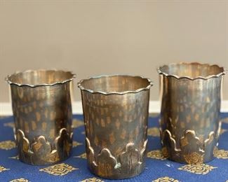 Lot 9083. $48.00.  Ambassador Rogers Brothers Silverplate S&P Shakers 6.25" tall, and 3 Julep Silverplate cups, 4" 