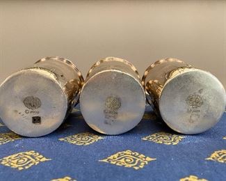 Lot 9083. $48.00.  Ambassador Rogers Brothers Silverplate S&P Shakers 6.25" tall, and 3 Julep Silverplate cups, 4" 