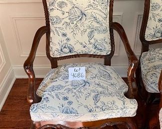 Lot 9086. $1600.00 FIRM. Lot of 8 Dining Chairs by Wellington Hall, which gave up their high-end furniture manufacturing operations in 2004.  Hekman may have purchased the brand name.   This lot includes  2 Captain (arm) Chairs, 6 Side Chairs.  Chairs are upholstered in Beige with a Heather Blue Floral Pattern.  A couple of the chairs' fabric may have been yellowed a bit by the sun, and one chair leg met their dog when she was apparently hungry!   Nice Chairs were very expensive new.  21" w x 18.5"Deep x 18" Seat to floor, 42" tall on the back.  Could use a little TLC but was quality built, so as we like to say, the chairs have "good bones" and the dog would say the chair tastes pretty fine as well.  