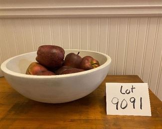 Lot 9091. $35.00.  Pottery Barn Dough Bowl with 8 apples, by LaToyer Le Main.  Sweet!  You could use this bowl for dozens of things, but it looks so great with these faux apples in that you might like it just the way it is.  