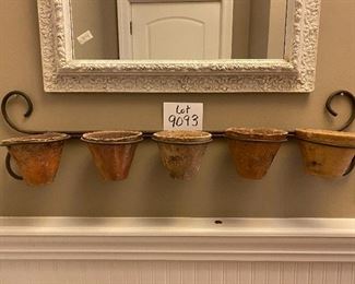 Lot 9093. $85.00. Wrought Iron Plant Pot holder, with 5 antique hand-made clay pots -- super unique, purchased with the mirror at an antique store.  36" w x 9" tall.  Pots are 5.5" Again, one of my favorite interesting and different items from this sale.  