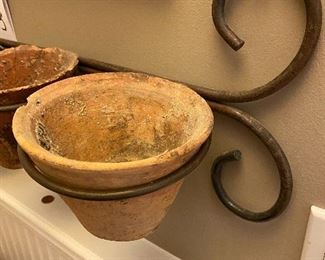 Lot 9093. $85.00. Wrought Iron Plant Pot holder, with 5 antique hand-made clay pots -- super unique, purchased with the mirror at an antique store.  36" w x 9" tall.  Pots are 5.5" Again, one of my favorite interesting and different items from this sale.  