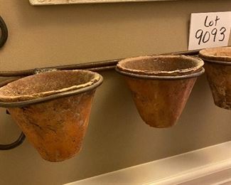 Lot 9093. $85.00. Wrought Iron Plant Pot holder, with 5 antique hand-made clay pots -- super unique, purchased with the mirror at an antique store.  36" w x 9" tall.  Pots are 5.5" Again, one of my favorite interesting and different items from this sale.  