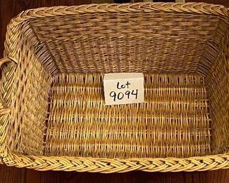 Lot 9094. $20.00 Nice Rectangular Wicker Basket with Handles.  Probably 1000 uses for Lot 9093. $85.00. Wrought Iron Plant Pot holder, with 5 antique hand-made clay pots -- super unique, purchased this basket, so snatch it quick!  22"w x 17" deep x 8"tall