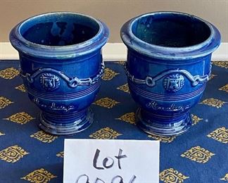 Lot 9096. $150.00. Two French Anduze Blue Urn Antique Garden Planters, 5.5" diameter, 5" tall