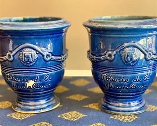 Lot 9096. $150.00. Two French Anduze Blue Urn Antique Garden Planters, 5.5" diameter, 5" tall