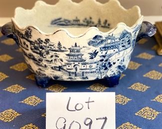 Lot 9097 $45.00. Blue & White footed Scalloped dish from Toms-Price, 11.5"w x 6" deep x 5".tall.  Owner paid $92.00