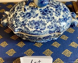 Lot 9098. $40.00 Blue & White Covered Tureen or Casserole Dish w/2 handles, shown here with potpourri.  Measures 14"w x 9"d x 6.5" tall. Pretty!