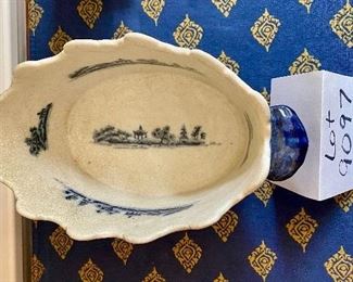 Lot 9097 $45.00. Blue & White footed Scalloped dish from Toms-Price, 11.5"w x 6" deep x 5".tall.  Owner paid $92.00