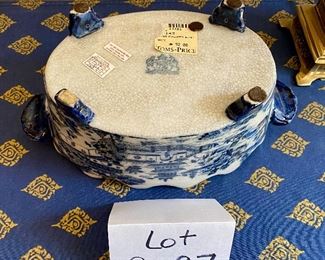 Lot 9097 $45.00. Blue & White footed Scalloped dish from Toms-Price, 11.5"w x 6" deep x 5".tall.  Owner paid $92.00
