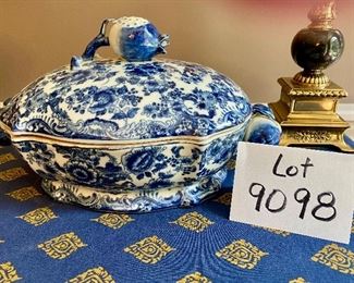 Lot 9098. $40.00 Blue & White Covered Tureen or Casserole Dish w/2 handles, shown here with potpourri.  Measures 14"w x 9"d x 6.5" tall. Pretty!