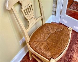 Lot 9100. $110.00. Richard Honquest Furnishings - French White Finished Wood table chair, with rush seat - seat 22"w x 21" deep, back stands 37.5" tall - Perfect for a desk chair in the kitchen or with an antique or shabby desk or table.  