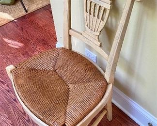 Lot 9100. $110.00. Richard Honquest Furnishings - French White Finished Wood table chair, with rush seat - seat 22"w x 21" deep, back stands 37.5" tall - Perfect for a desk chair in the kitchen or with an antique or shabby desk or table.  
