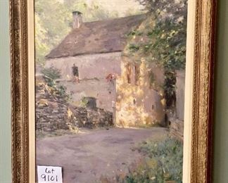 Lot 9101 $300.00 Framed Art, Signed and Numbered 185/195 by Leonard Wren = image is abstract old country house (just beautiful) .  We love the way the light shines on the side of the home, and the very colorful growth on the side of the driveway.  Frame is Shabby Chic and image will go with any type of decorating.  The two Leonard Wren pieces were purchased at an art gallery in Geneva, IL.