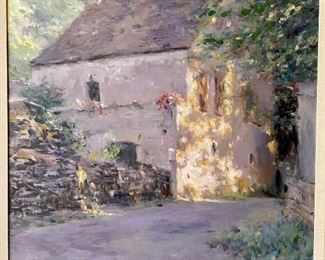 Lot 9101 $300.00 Framed Giclee, Signed and Numbered 185/195 by Leonard Wren = image is abstract old country house (just beautiful) .  We love the way the light shines on the side of the home, and the very colorful growth on the side of the driveway.  Frame is Shabby Chic and image will go with any type of decorating.  The two Leonard Wren pieces were purchased at an art gallery in Geneva, IL.