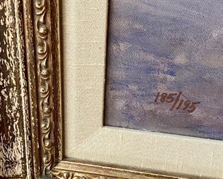 Lot 9101 $300.00 Framed Giclee, Signed and Numbered 185/195 by Leonard Wren = image is abstract old country house (just beautiful) .  We love the way the light shines on the side of the home, and the very colorful growth on the side of the driveway.  Frame is Shabby Chic and image will go with any type of decorating.  The two Leonard Wren pieces were purchased at an art gallery in Geneva, IL.