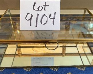 Lot 9104. $70.00. Two Pottery Barn Glass Boxes with mirrored bottom - 8"d x 12"w x 4" t.  One box is missing the handle; no biggie.  