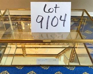 Lot 9104. $70.00. Two Pottery Barn Glass Boxes with mirrored bottom - 8"d x 12"w x 4" t.  One box is missing the handle; no biggie.  