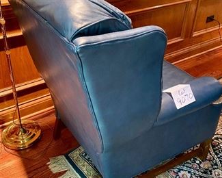 Lot 9070. $350.00 Lazy Boy Classics Blue Leather Recliner with Nailhead Trim, (manual recliner is not a wall hugger either) - 32" w x 42"T x 38" deep